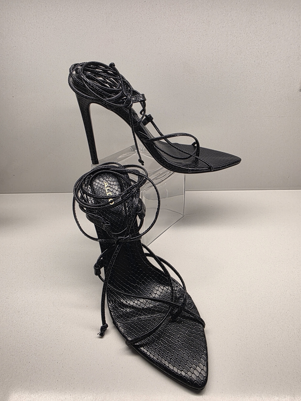 Aldo Black Snake-Embossed Lace-Up Stiletto Heels